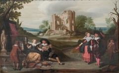 Elegant gezelschap in landschap met ruïnes by Herman Doncker