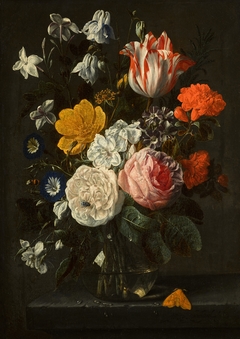 Flowers in a glass vase, with a tiger moth, on a stone ledge by Nicolaes van Verendael