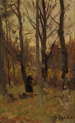 Forest View with a Woman Gathering Wood by Geo Poggenbeek