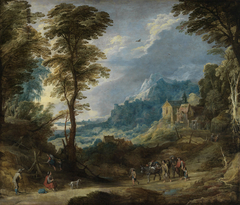 Gebirgslandschaft mit Pilgern und fahrendem Volk by Joos de Momper the Younger