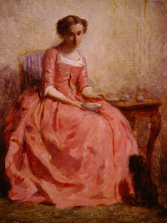 Girl in a Pink Dress Sitting at a Table with a Dog by Charles Joshua Chaplin