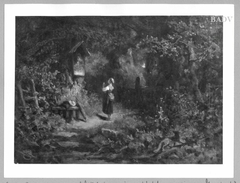 girl praying at a shrine under trees by Carl Spitzweg