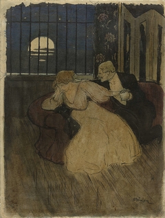 Heer in rok tracht een twijfelende dame op een sofa te overreden by Théophile Alexandre Steinlen