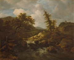 Hilly Landscape with a Broad Waterfall by Jacob van Ruisdael