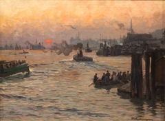 Homecoming shipyard workers at Hamburg port in the Evening by Friedrich Kallmorgen