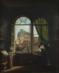 Intérieur d'artiste, avec vue sur la façade de l'église de Saint-Eustache by Louise-Adéone Drölling