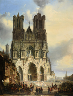 La façade de la Cathédrale de Reims avec une procession médiévale et un cortège au premier plan by David Roberts