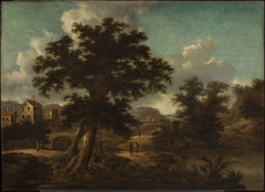 Landscape with a bridge, a large tree and travellers by Georg Heinrich Hergenröder