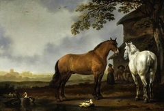 Landscape with figures and horses by Abraham van Calraet