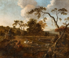 Landscape with Rolling Hills and a Stag Hunt by Jan Wijnants