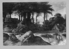 Landschaft mit Wasserfall, Bauernhütten und Staffage by Allaert van Everdingen