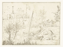 Landschap met een bootje, huizen en een kar by Unknown Artist