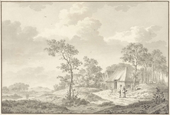 Landschap met rechts een dorpsstraat en verschillende personen by Barend Cornelis Koekkoek