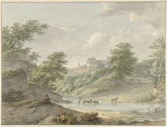 Landschap met zittende tekenaar en kasteel aan water by Hermanus Numan