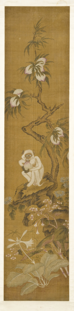 Monkey in a Peach Tree, One-panel Folding Screen by Anonymous