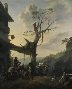 Mountainous landscape with peasants dancing and playing music before an inn by Johannes Lingelbach