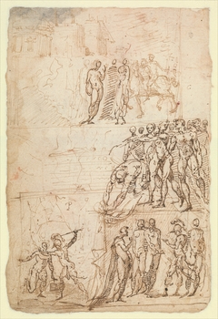 Page from a Sketchbook Depicting a City under Siege and a Scene of Homage(?) (recto); standing figures and a horseman; male and female figures; a battle scene (verso) by Anonymous