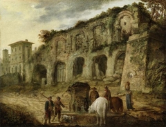 Peasants and Horses Standing By A Fountain: The Curia Ostilia and the Basilica Porzia on the Palatine Hill Beyond by Alexander Runciman