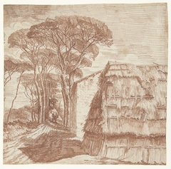 Pijnboomlaantje met huizen en een plaggenhut op de voorgrond by Unknown Artist