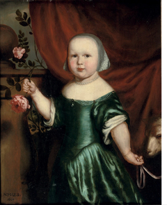 Portrait of a girl in a green dress, holding a rose by Nicolaes Maes