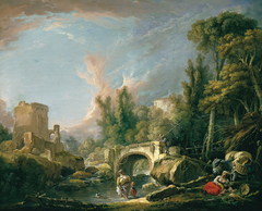 River Landscape with Ruin and Bridge by François Boucher