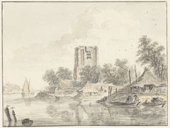 Rivierlandschap met een grote stompe kerktoren by Hendrik Spilman