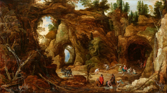 Rotslandschap met zigeunerkamp by Joos de Momper the Younger