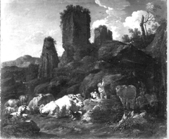 Ruhende Hirtin und Viehherde vor Felsen und Ruinen by Johann Heinrich Roos