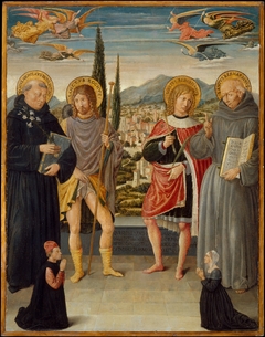 Saints Nicholas of Tolentino, Roch, Sebastian, and Bernardino of Siena, with Kneeling Donors by Benozzo Gozzoli