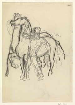 Schetsblad met man die twee paarden in toom houdt by Leo Gestel