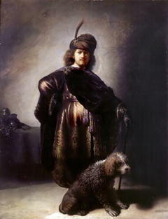 Self-portrait in oriental attire with poodle by Rembrandt