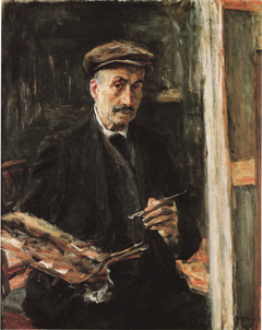 Self-Portrait with sports cap at the easel by Max Liebermann