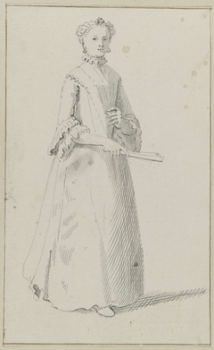 Staande vrouw met gevouwen waaier in haar hand by Unknown Artist