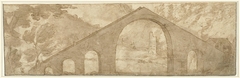 Steile brug in een landschap by Unknown Artist