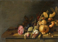 Still life of roses and fruit on a table by Hans Bollongier