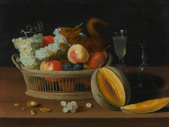 Still Life with a Basket of Fruit and a Squirrel, Glasses, and a Cut Melon on a Tabletop by Jacob van Es