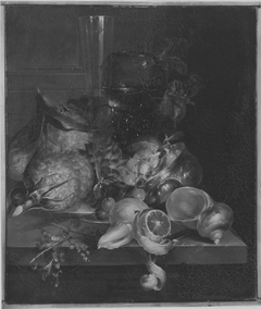 Still life with a 'roemer' and a flute glass on a stone ledge by Catharina Treu