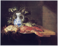 Still life with crab, crayfish, and Delft-blue pitcher by Laurens Craen