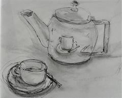 Teapot in Aix, pen and ink, and pencil by GMwriting