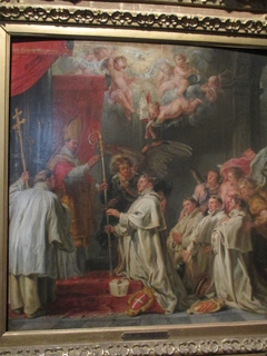 The archangel Michael supports the blessed Waltmann, who is being consecrated abbot by Saint Norbert by Abraham van Diepenbeeck