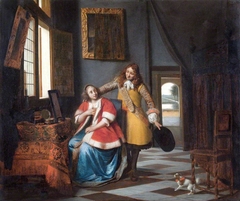 The intruder , Lady at her toilet, suprised by her lover by Pieter de Hooch