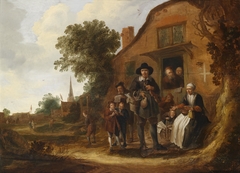 Travelling musician before a cottage by Jacob van Spreeuwen