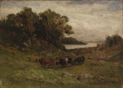 Untitled (five cows grazing with trees and river in background) by Edward Mitchell Bannister