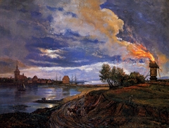 Brennende mølle, Stege by Johan Christian Dahl