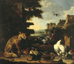 Vos met dode haan en pluimvee by Melchior d'Hondecoeter