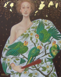 WHITE SHAWL WITH GREEN PARROTS  by Luis Cohen Fusé