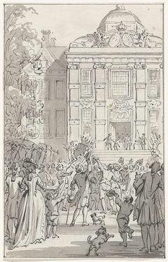 Willem V vertoont zich als Ridder in de Orde van de Kouseband op het bordes van Huis ten Bosch, 1752 by Jacobus Buys