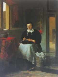 Woman busy sewing in an interior by Pieter de Hooch