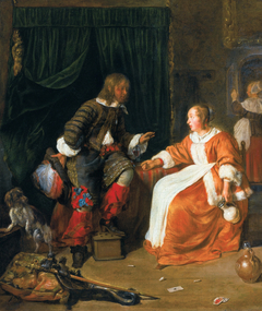 Woman offering a glass of wine to a man by Gabriël Metsu