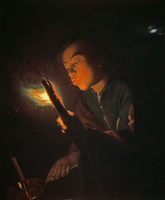 A Boy Blowing on a Firebrand to Light a Candle by Godfried Schalcken